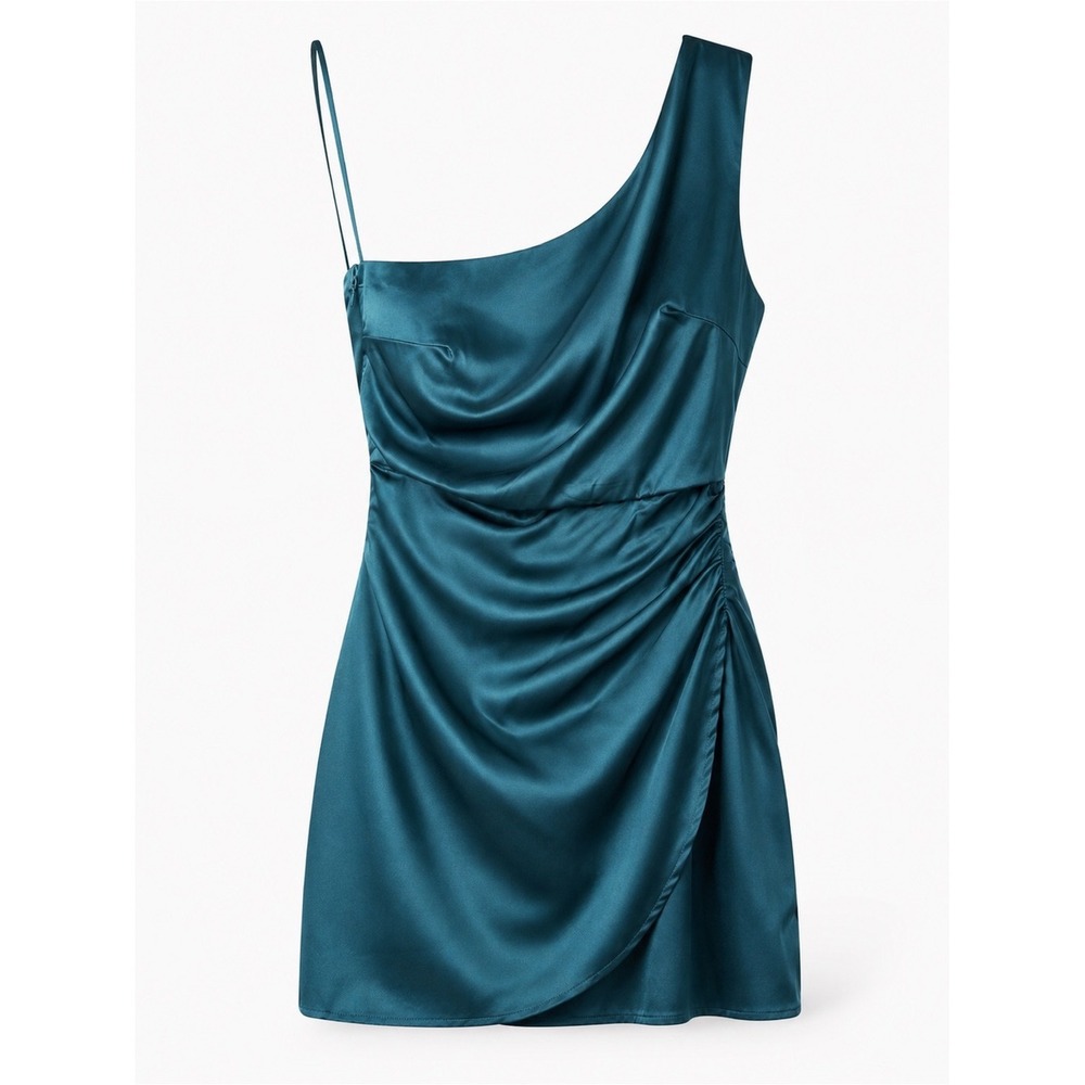 Luna NWOT Teal Satin One Shoulder Ruched Faux Wrap Tulip Hem Mini Dress Small